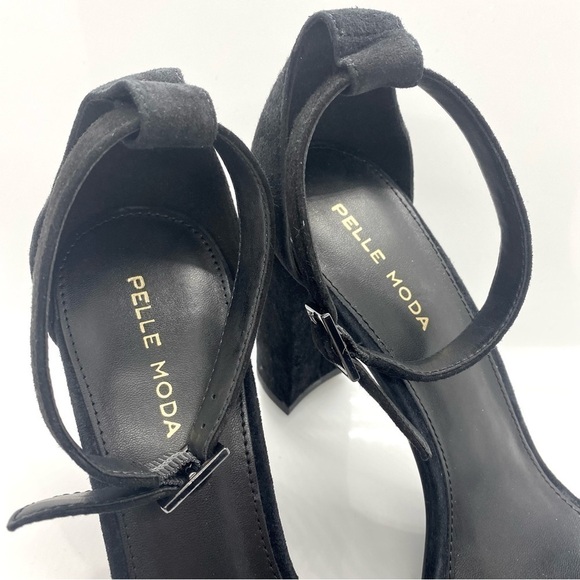 suede Black Block Peep Toe Heels Platforms - Picture 2 of 13
